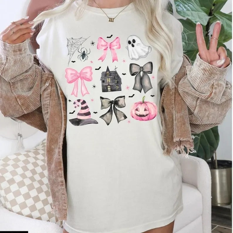 Coquette Halloween Shirt with bows Pastel Spooky pumpkin ghost pink black bows Retro Halloween t-shirt cute halloween...