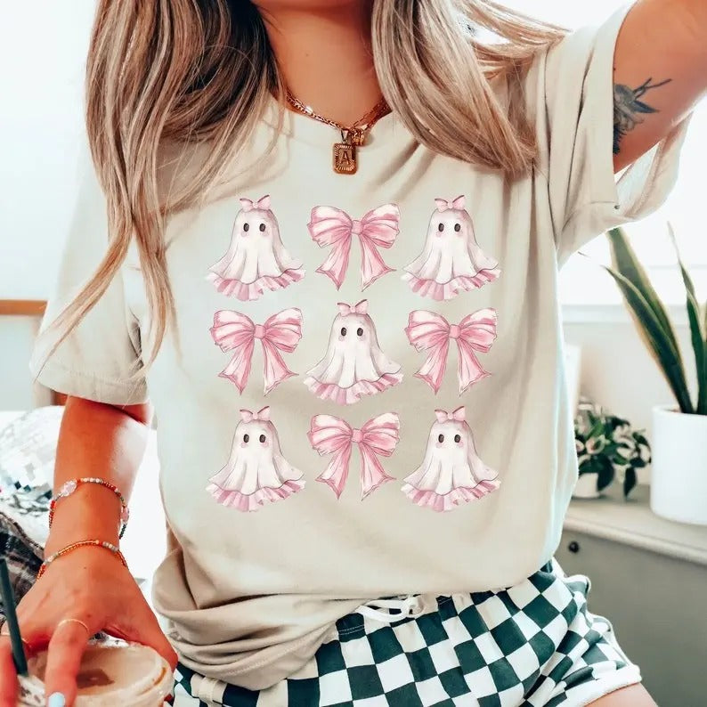 Coquette Halloween Shirt, Coquette Pink Bow Ghost Shirts, Cute Ghost Graphic Tee, Pink Coquette Halloween T-Shirt, Pink...