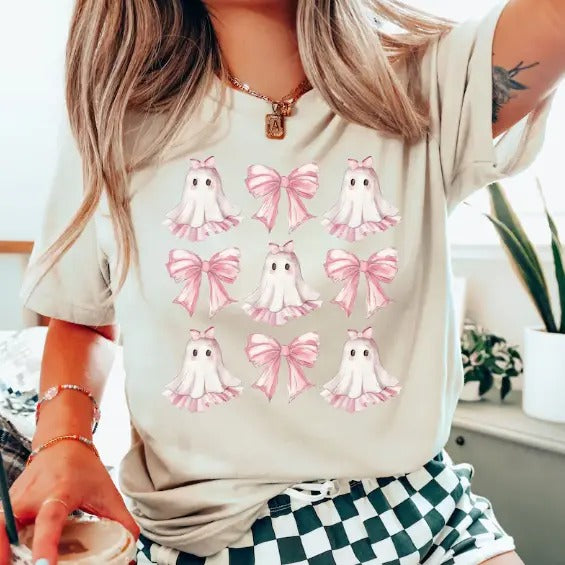 Coquette Halloween Shirt, Coquette Pink Bow Ghost Shirts, Cute Ghost Graphic Tee, Pink Coquette Halloween T-Shirt, Pink...