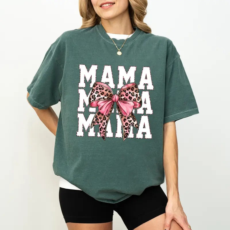 Coquette Leopard Mama Comfort Colors Shirt, Pinky Cheetah Bow Mama T-shirt, Wild Mama Graphic Tee, Leopard Feral Mom Clothing, Mom Appreciation Gift