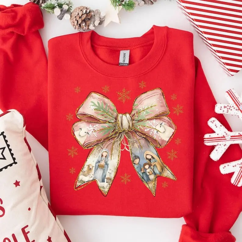 Coquette Nativity Scene Sweatshirt, Coquette Bow Jesus Shirt, Nativity Christmas Sweatshirt Hoodie | DripVista.com