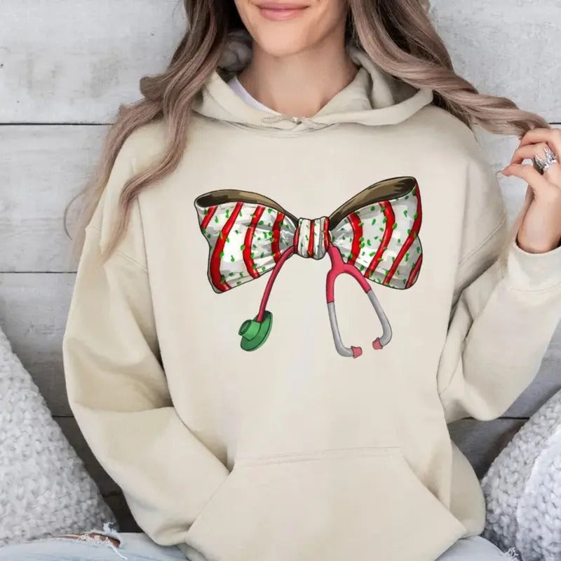 Coquette Nurse Stethoscope Sweatshirt, Cute Bow Nurse Christmas Shirt, Gift For Nurses, Holiday Medical Hoodie, Unisex Sweater Pullover Tee