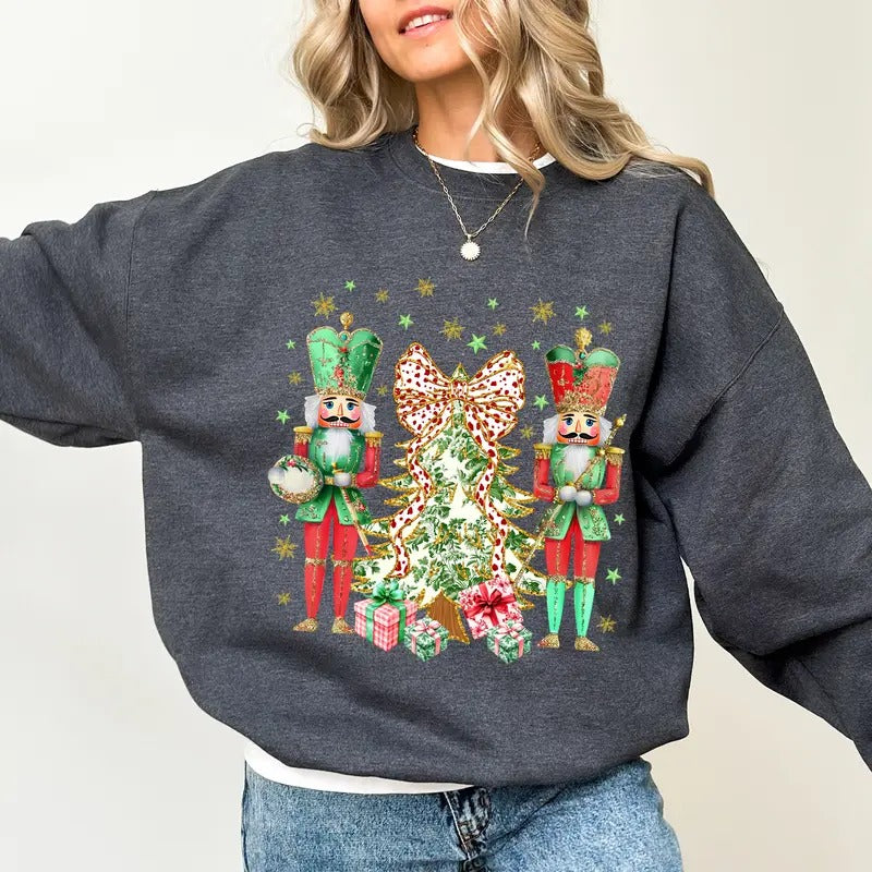 Coquette Nutcracker Sweatshirt, Holiday Winter Crewneck, Retro Christmas Long Sleeves Pullover, Women's Xmas Gifts
