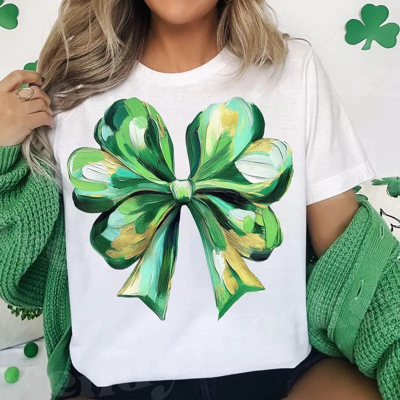 Coquette Patrick's Day Bow T-Shirt, Shamrock Lucky Bow T-Shirt, Trendy T-Shirt, Irish Patrick Day Shirt Design, Brushstroke, Green Day Casual Comfort