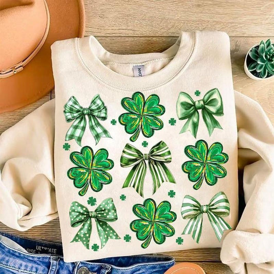 Coquette Patrick's Day Bow t-shirt, Patrick Day sweatshirt, Shamrock Lucky Bow, Trendy, Irish Patrick Day Shirt Design, Brushstroke, Green Day