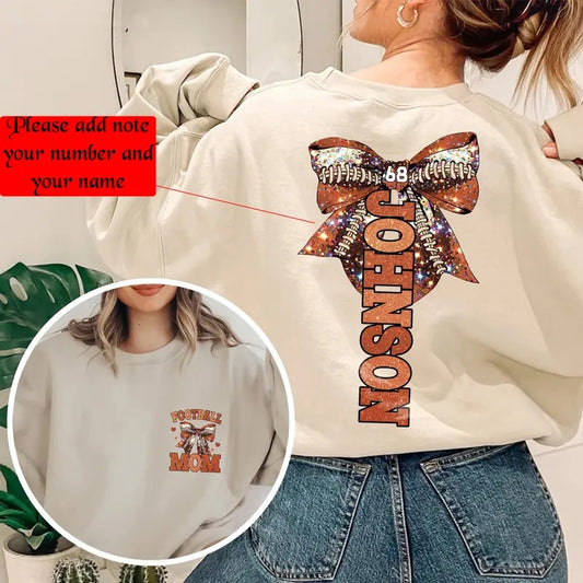 Coquette Personalized Coquette Football Sweatshirt T-shirt and Hoodie with Embroidered Bow, Casual Fit, Cotton Fabric, Long Sleeve, Embroidered Design Womenswear Flat