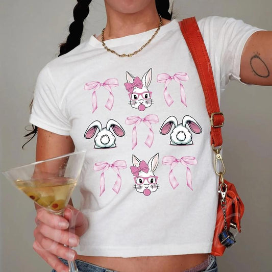 Coquette Pink Bow Bunny Baby Tee, Bunny With Glasses Baby Tee, Rabbit Easter Coquette T-Shirt, Bow Bunny Baby Tee