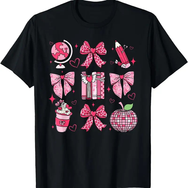 Coquette Pink Bow Ribbons Apple Book Teacher Valentine's Day T-Shirt