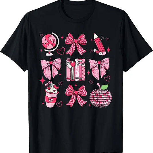 Coquette Pink Bow Ribbons Apple Book Teacher Valentine's Day T-Shirt