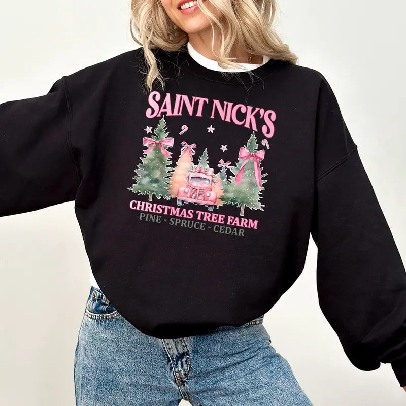 Coquette Pink Christmas Shirt, Saint Nicks Christmas Tree Farm Sweatshirt, Pink Bow Christmas Shirt, Trendy Santa Crewneck, Christmas