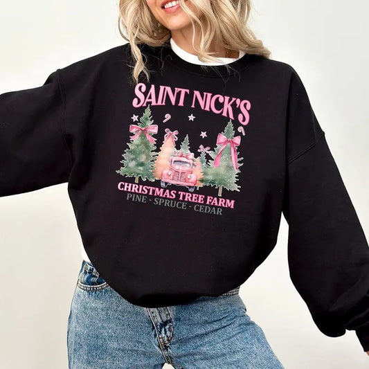 Coquette Pink Christmas Shirt, Saint Nicks Christmas Tree Farm Sweatshirt, Pink Bow Christmas Shirt, Trendy Santa Crewneck, Christmas