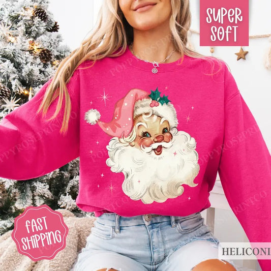Coquette Pink Santa Christmas Sweatshirt, Merry Christmas Sweater, Women's Holiday Crewneck funny santa