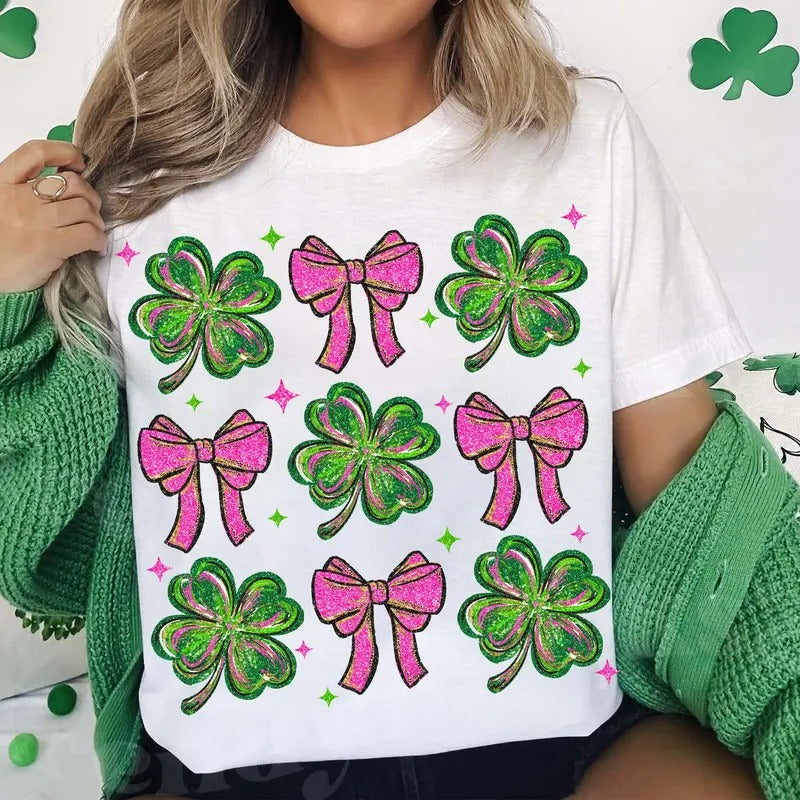 Coquette St Patricks Day Shamrock Sequins Glitter T-Shirt, St Pattys Day T-Shirt, Four Leaf Clover Sequin Bow, Patricks Day Design, Leopard