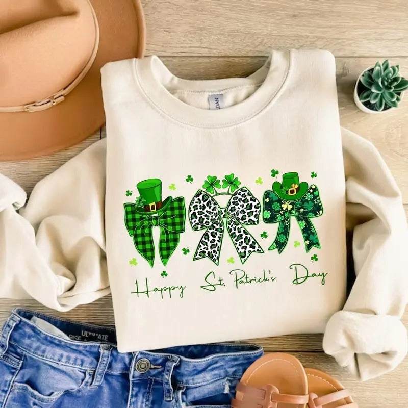 Coquette St. Patrick's Day Sweatshirt, T-Shirt, Hoodie- Funny Shamrock Bow Clover Shirt for Women, Patrick Day Design