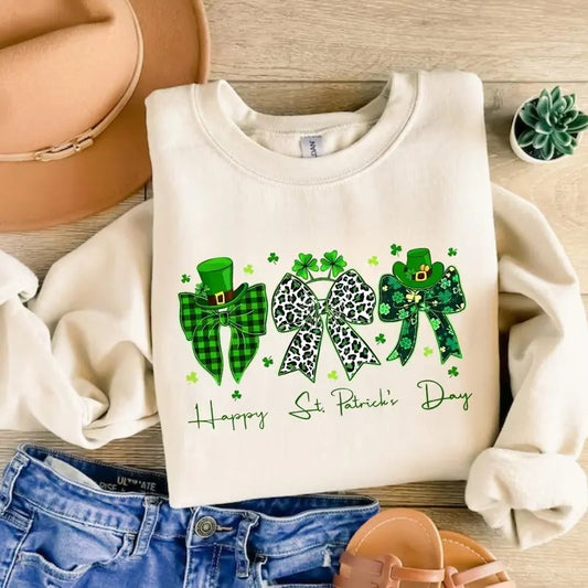 Coquette St. Patrick's Day Sweatshirt, T-Shirt, Hoodie- Funny Shamrock Bow Clover Shirt for Women, Patrick Day Design