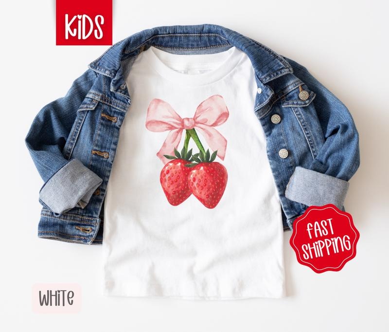 Coquette Strawberry Kids Shirt - Berry Bow Children's Tshirt - Cute Youth Tee Gildan Hoodie, Sweatshirt | DripVista.com