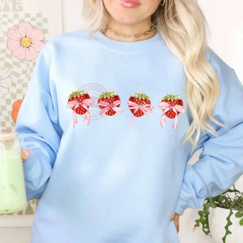 Coquette Strawberry Sweater, Pink Bow Shirt, Aesthetic Girl Shirt, Pink Ribbon Shirt, Soft Girl Gift Tee, Unisex...