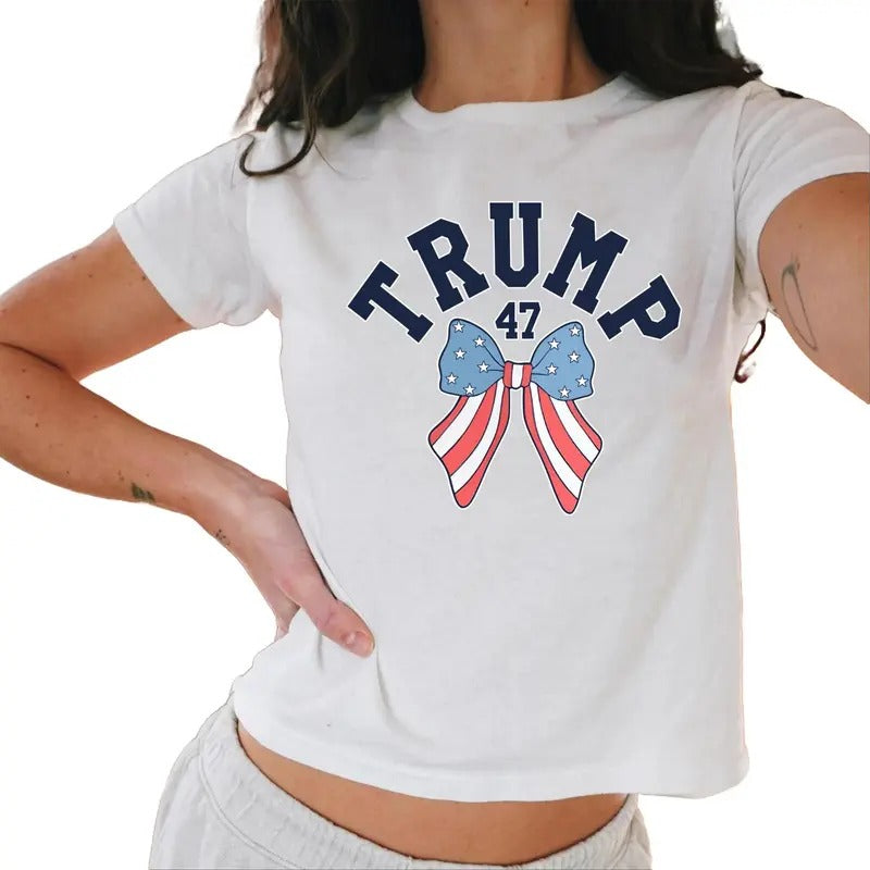 Coquette Trump 47 Baby Tee Preppy Varsity Maga Baby Tee American Flag Republican Crewneck Casual Comfort Hoodie, Sweatshirt