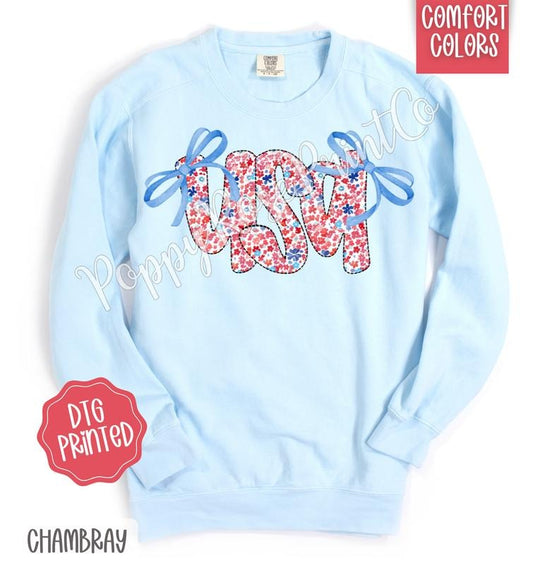 Coquette USA Bow Comfort Colors Sweatshirt, Cute American Sweater, Girly Fourth Of July Crewneck