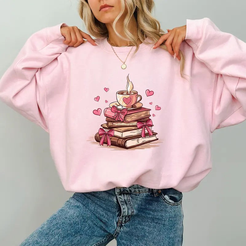 Coquette Valentine Bookish Sweatshirt, Reading Crewneck, Book Lover Valentine Long Sleeved Pullover, Gift for Book Lover Ideas
