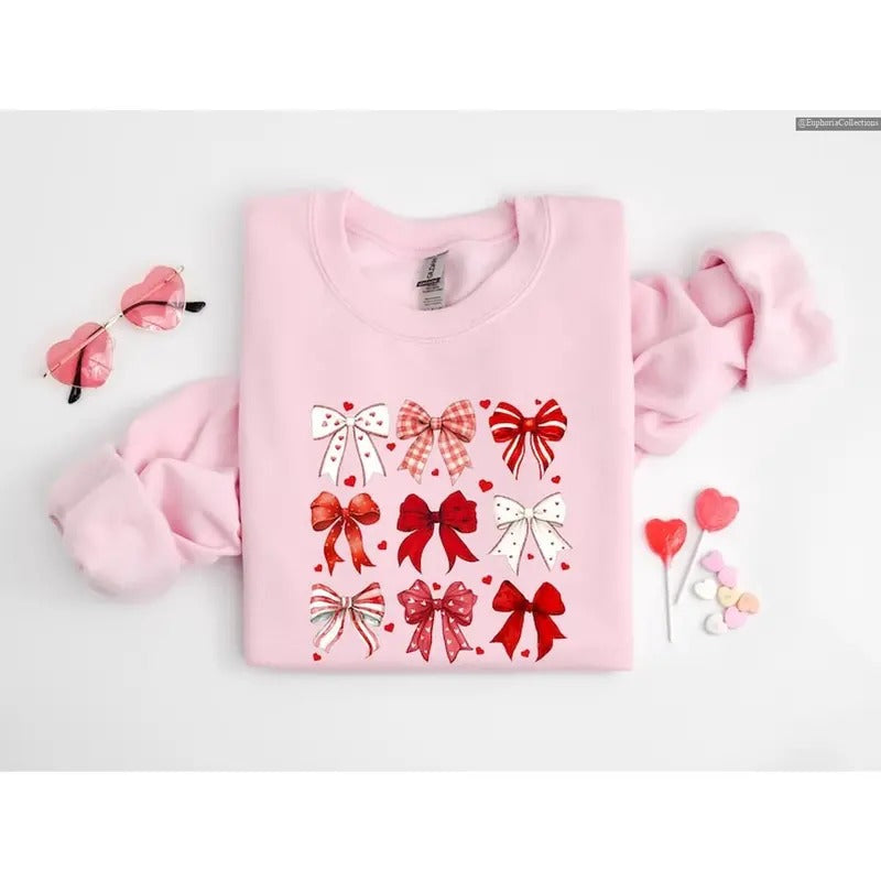 Coquette Valentine Heart Bow Sweatshirt Hoodie T-Shirt, Retro Cute Pink Love Day Girly Shirt Couple Family Girlfriend...