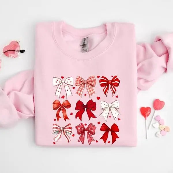 Coquette Valentine Heart Bow Sweatshirt, Retro Valentine Shirt, Valentines day Bow Shirt, Coquette Bow T Shirt, Bow Valentine Gifts, For Women