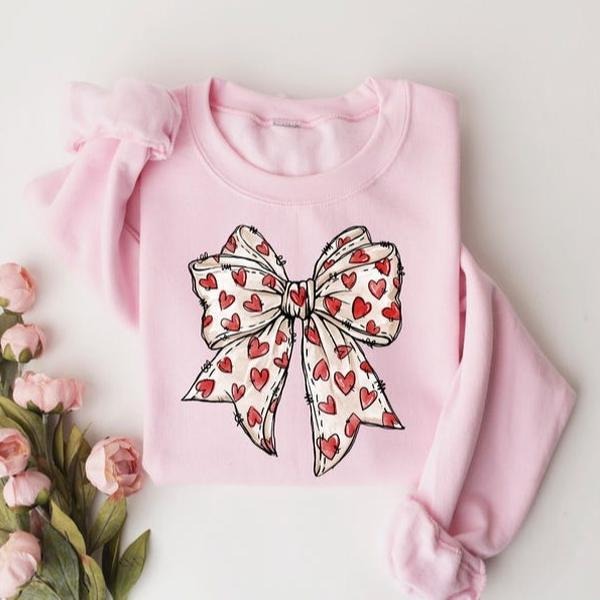 Coquette Valentine's Day Heart Bow Sweatshirt, Retro Valentine Shirt, Valentines day Bow Shirt, Coquette Bow T Shirt, Bow...