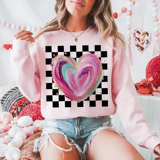 Coquette Valentines Day Heart Sweatshirt, Retro Checkered Valentines Sweatshirt, Valentines Day Sweatshirt, Coquette Valentine Sweatshirt, Pink Love Sweatshirt