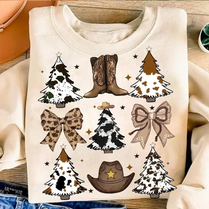 Coquette Western Christmas Tree Cowgirl Christmas Shirt, Howdy Christmas Tree, Girls Leopard Coquette Bow Sweater