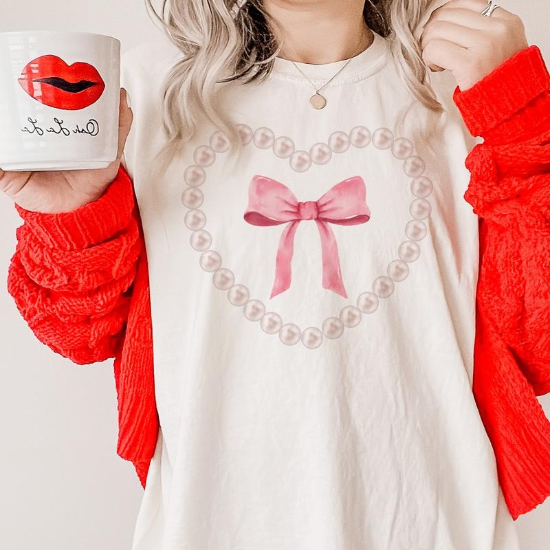 Coquette tee pink Bow Heart Valentine shirt Valentine Pearl Heart T-Shirt Pink Bow Pear Heart T-Shirt Sweet Bow VDay...