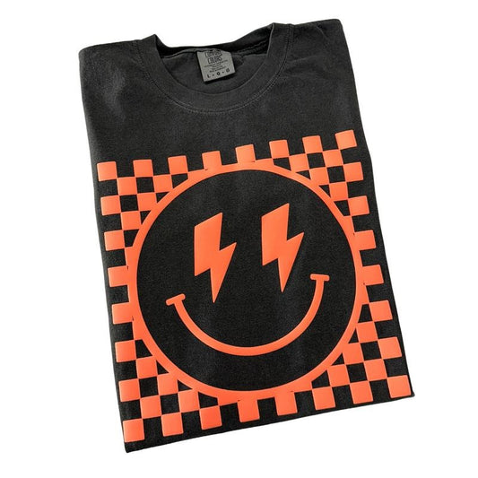 Coral Puff Checkered Happy Face Comfort Colors T-Shirt