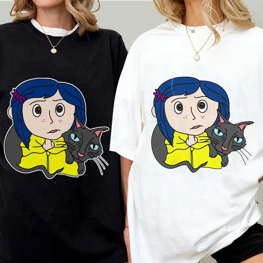 Coraline  with Black Cat Shirt, Coraline horror movies tshirt, Horror Character Shirt, Halloween Crewneck Sweatshirt