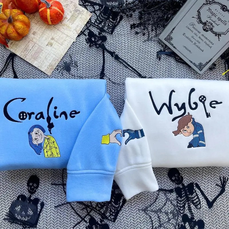 Coraline Crewneck Coraline and Wybie Embroidered Sweatshirt, Couple's Shirt, Anniversary, Valentines Gift, Gift For Her, Halloween Sweater