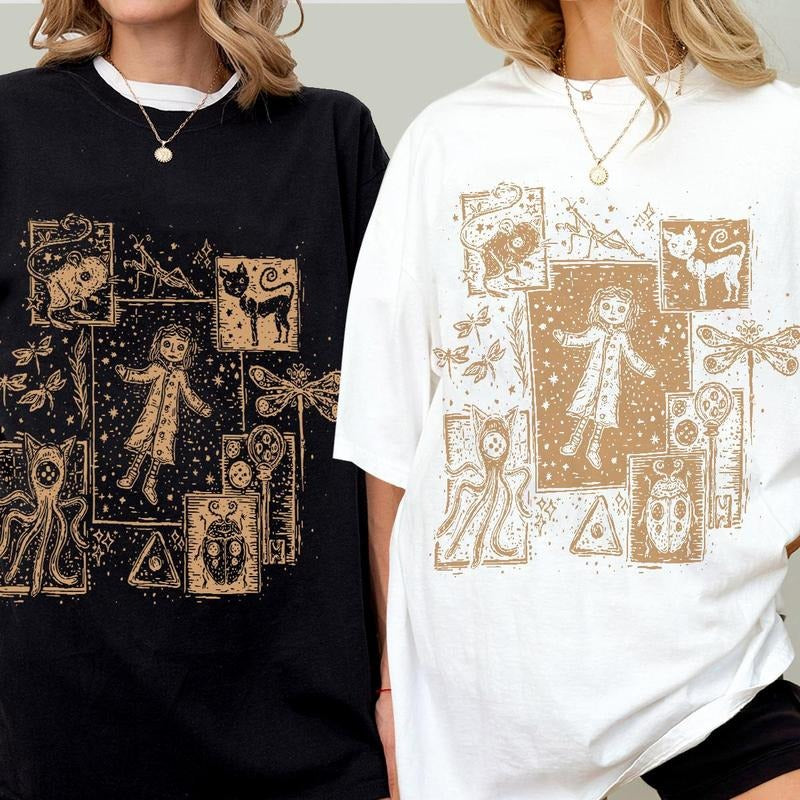 Coraline Dreaming Gold style Shirt, Coraline horror movies tshirt, Horror Character Shirt, Halloween Crewneck Sweatshirt