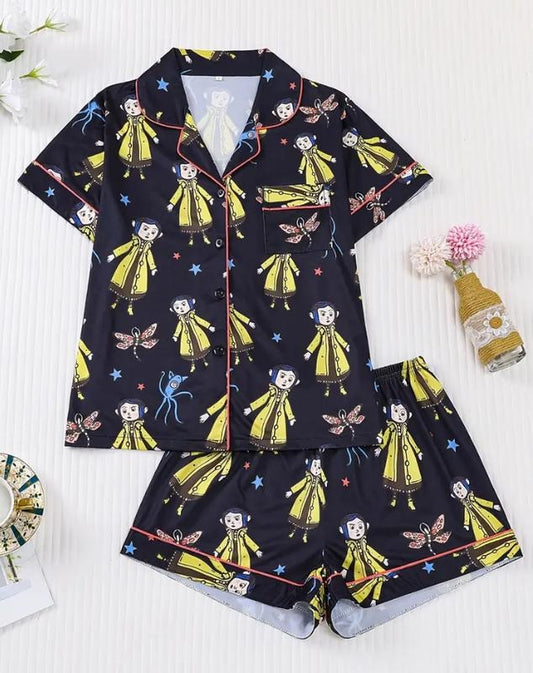Coraline Halloween Pajamas Set, Coraline Fan Tee, Spooky Character Pajamas, Halloween Gifts Sleepwear For Women