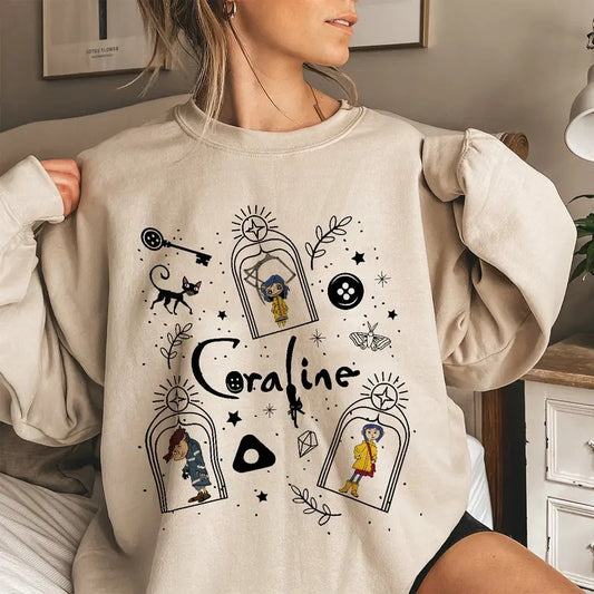 Coraline Wybie Doodle Shirt, Horror Coraline movies, Horror Character Shirt, Halloween Crewneck Sweatshirt