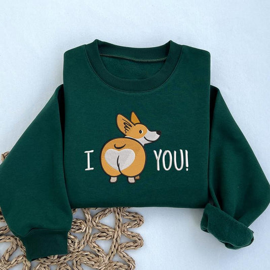 Corgi Butt Embroidered Sweatshirt, Funny Dog Embroidered Sweatshirt, Gifts for Dog Owners, I Love Corgi Crewneck