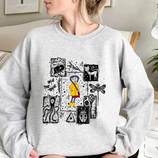 Corra.linee Black Cat T-shirt, Halloween Movie T-shirt, Gift for Woman and Man Unisex T-shirt, Cor.ralinee Sweatshirt, Dreaming Tunnel to Parallel World Color Sweatshirt Hoodie, Halloween Crewneck Sweatshirt, Horror Movies Tshirt