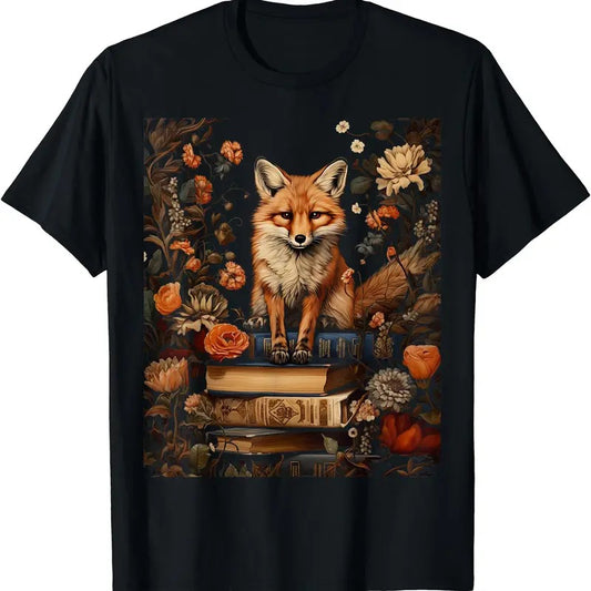 Cottagecore Aesthetic floral Fox with Book cute Goblincore T-Shirt