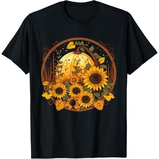 Cottagecore Pumpkin Fall Autumn Sunflowers Graphic T-Shirt Made in USA Hoodie, Sweatshirt | DripVista.com