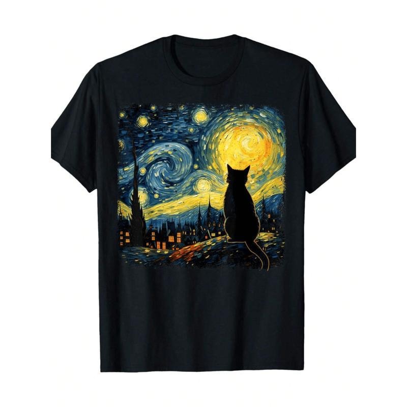 Cotton Cat Lightsaber brand Night Van Gogh Cat Lover Cat Mom Cat Dad T-ShirtCouple Clothing 2025Family T-Shirt Menswear...
