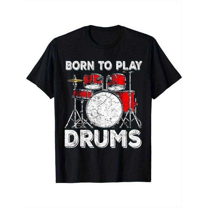 [Cotton Drummers Tee] Cotton 1pc Men's Crew Neck T-Shirt - Born to Play Drums Graphic, Geometric-Pattern, Short Sleeve, Regular Fit, All-Season Casual Tee for Drummers Made in USA
