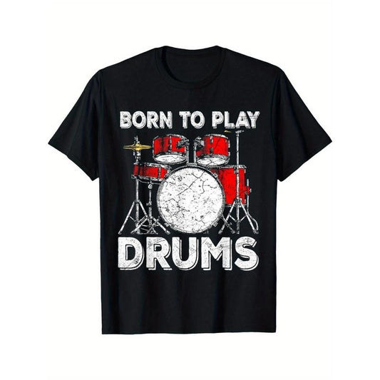 [Cotton Drummers Tee] Cotton 1pc Men's Crew Neck T-Shirt - Born to Play Drums Graphic, Geometric-Pattern, Short Sleeve, Regular Fit, All-Season Casual Tee for Drummers Made in USA
