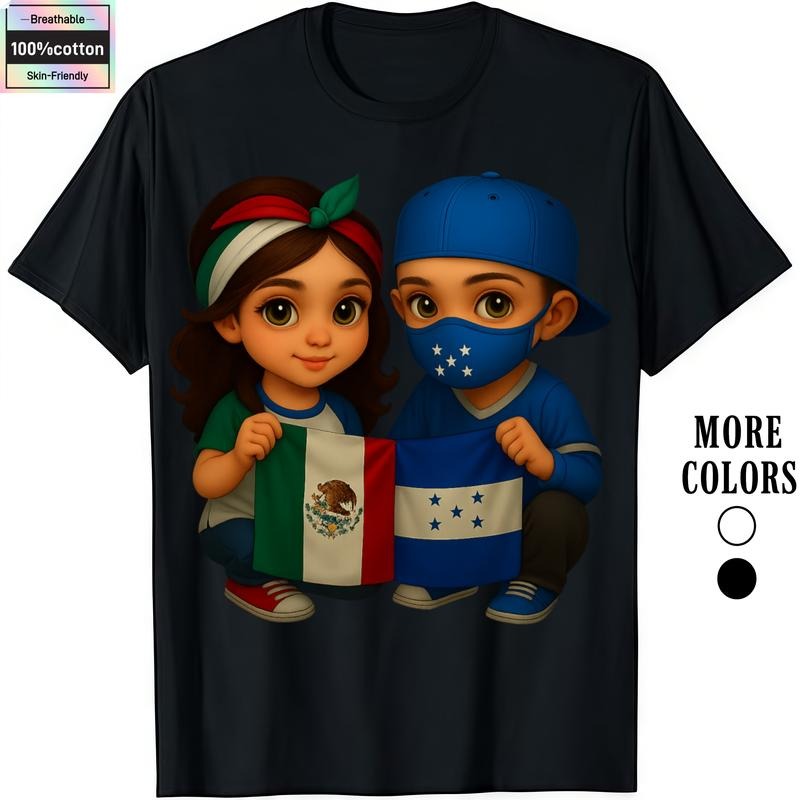 Cotton Graphic T-Shirts for Men with Kids Holding Mexico Jumpman Honduras Flags Crewneck Casual Everyday Wear FOG...