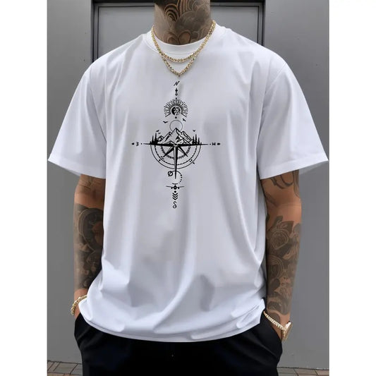 Cotton Men's Vintage Compass Print Short Sleeve Crew Neck Casual Sports Thin T-shirt for Summer and Spring Made in USA