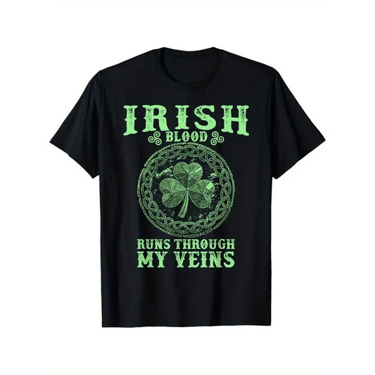 [Cotton St. Patrick's Day Tee] 100% Cotton, Breathable St. Patrick's Day "Irish Blood Runs Through My Veins" T-Shirt - Ideal for Outdoor Activities, Casual Wear, Sizes S-XXXL Made in USA