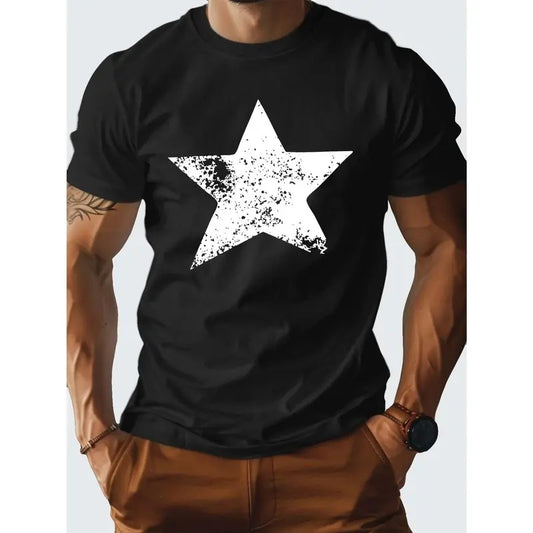 Cotton T-shirt, Star Print Men's Cotton T-Shirt, Sports Casual Commuter Versatile Short Sleeve Tee, Fashion Style Made in USA