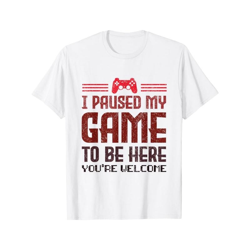 Cotton Video Gamer T-Shirt, Geometric-Patterned "I Paused My Game" Crew Neck, Short Sleeve, Regular Fit, All-Season Knit Fabric,Ideal for Daily & Casual Wear Made in USA