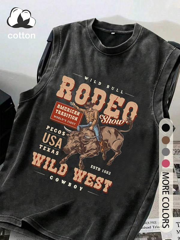 Cotton Vintage Distressed Men'WB shield Vest Round Neck Fashionable Sleeveless Top, Casual Breathable Wild Bull Rodeo...