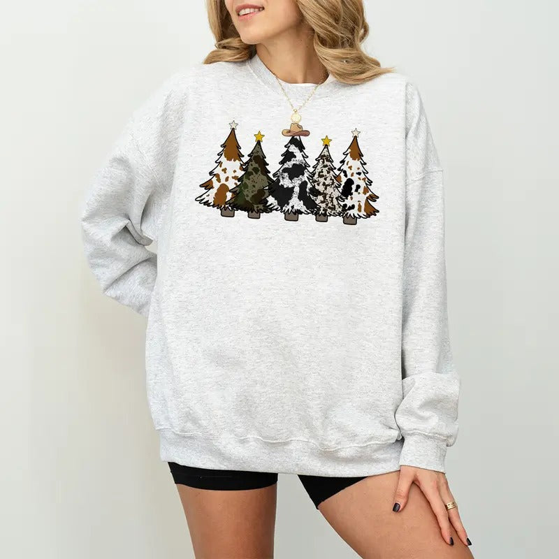 Country Christmas Sweatshirt, Christmas Tree Shirt, Western Christmas Sweatshirt, Cute Cowhide Sweatshirt, Holiday Sweatshirt, Christmas Cow Shirt, Cow lover Xmas Gift, Farm Sweatshirt, Cow Lover Shirt, Holiday Winter Sweater, Christmas Gift